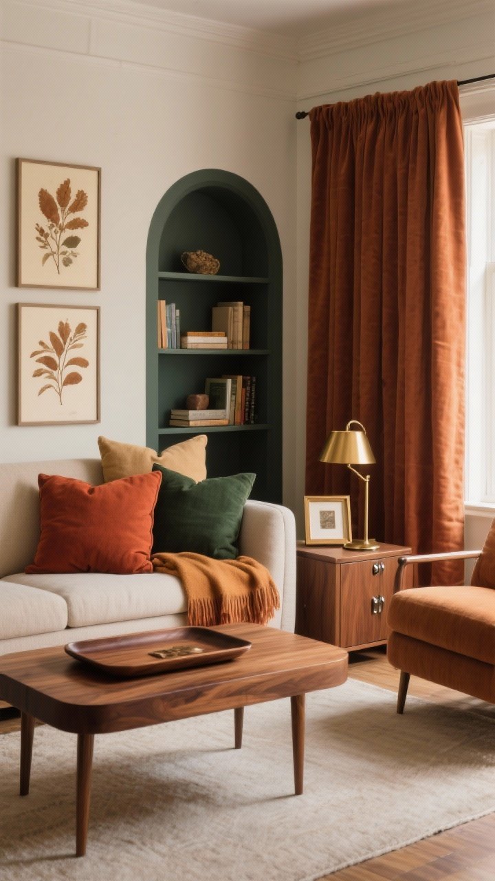 Straight-on medium shot of a small living room vignette focused on warming the palette without repainting: pillows and throws in rust, camel, oat, terracotta, and deep green layered on a neutral sofa; a walnut tray on an oak side table introduces rich wood tones; metal accents in brass—lamp base, picture frame, and cabinet hardware—replace chrome. A mini paint accent shows a moody colored back panel inside a bookshelf; floor-to-ceiling warm linen curtains hung high and wide soften the walls; art with earth-toned botanical prints completes the scene. Soft warm lighting, calm yet cozy, photorealistic, no people.