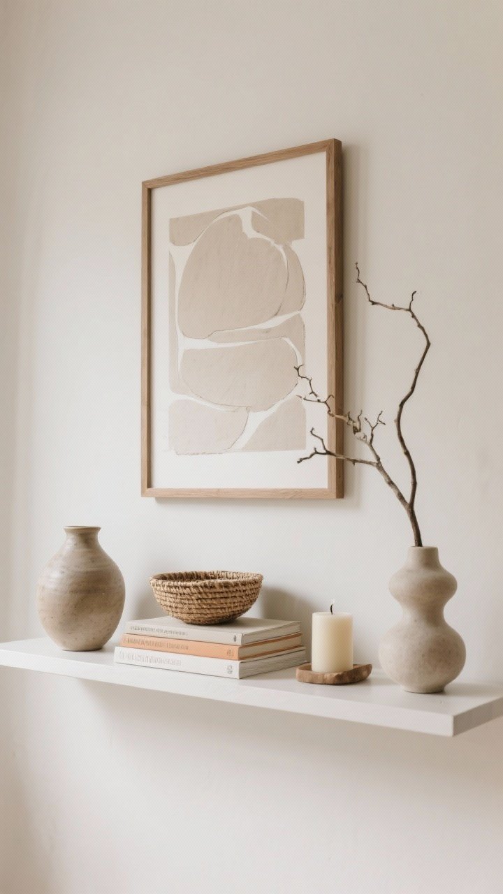 Straight-on medium shot of a styled wall and shelf: Minimal boho curation with intent. One large neutral abstract artwork in a simple wood frame anchors the wall. Below, a clean shelf holds a restrained trio: hand-thrown ceramic vessel, a woven bowl, and a single sculptural candle, with space between items. A few books stacked with spines in a tight neutral palette—no rainbow colors. The 1-2-3 rule per surface is evident: one functional, one sculptural, one organic branch in a vase. Quiet tones, soft daylight, no clutter.