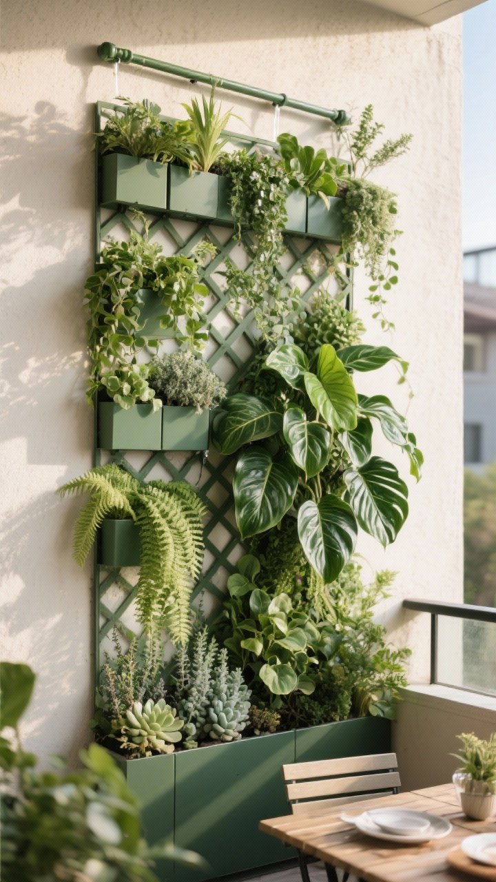Straight-on medium shot of a vertical green wall on a small balcony, using modular wall-mounted pockets and trellis panels; layered planting with spillers (ivy), fillers (ferns), and statement philodendron for depth; a discreet drip irrigation line runs along the top distributing water evenly; herbs tucked in for an outdoor dining vibe; south-facing section includes succulents and thyme; clean stucco wall backdrop; morning light with gentle shadows, capturing a lush yet space-saving feel.