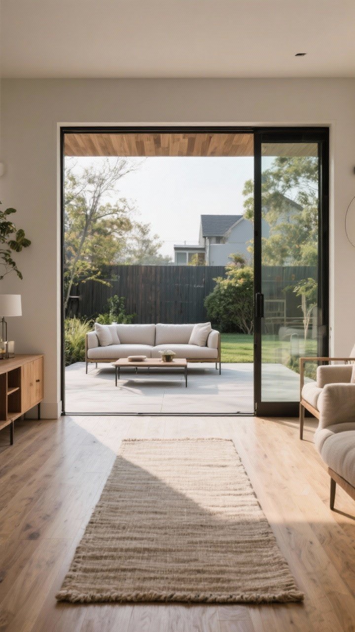 Straight-on wide shot from inside looking out to the backyard showing continuity: the same wood tone and metal finish repeated outdoors, an outdoor sofa aligned with the interior sofa to extend the conversation zone, and a complementary outdoor rug running directly from the interior flooring like a runway. Neutral, linen-like performance textiles outdoors mirroring indoor palette; soft, even natural light; open door threshold seamlessly connecting spaces; no people.