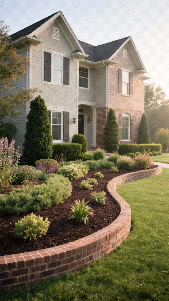Straight-on wide shot of a home with generous curved planting beds that make the facade look broader: sweeping 5–6 foot deep beds edged in brick, layered heights with tall shrubs at the back, medium perennials mid-bed, and low groundcovers at the front; repeated focal plants placed at intervals to guide the eye along the curve; unified dark-brown mulch for a finished, custom look; soft morning light; tidy lawn contrast; no people.