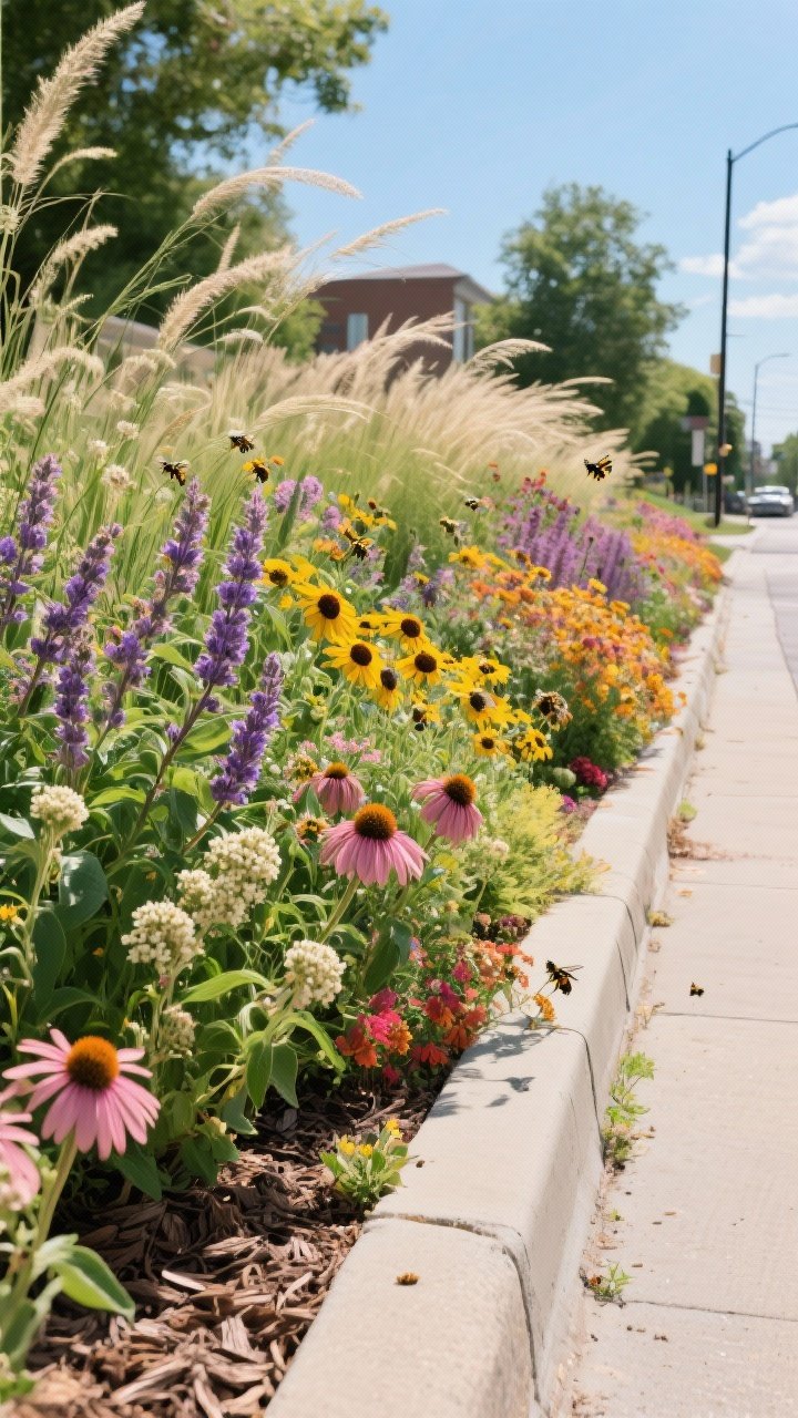 Street-side wide shot of a vibrant pollinator strip along a curb: bold drifts of native perennials—coneflower, salvia, yarrow, rudbeckia, milkweed—interwoven with airy ornamental grasses for movement; staggered bloom times evident with mixed bud, peak, and fading flowers to suggest continuous color from spring to fall; organic mulch and no pesticide residue; bright sunny day with buzzing energy implied; no people.