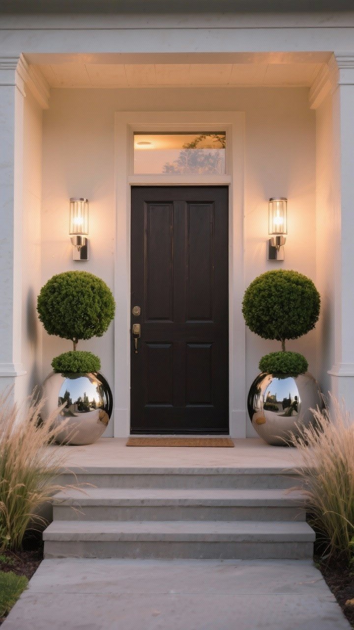 Symmetrical, straight-on entryway: a front door flanked by two oversized matching planters with clipped evergreen topiaries, paired with matching modern wall sconces on either side; mirrored plant forms—boxwood spheres at base with airy ornamental grasses behind; clean steps and a tidy threshold; warm, welcoming dusk lighting from the sconces; photorealistic, no people.