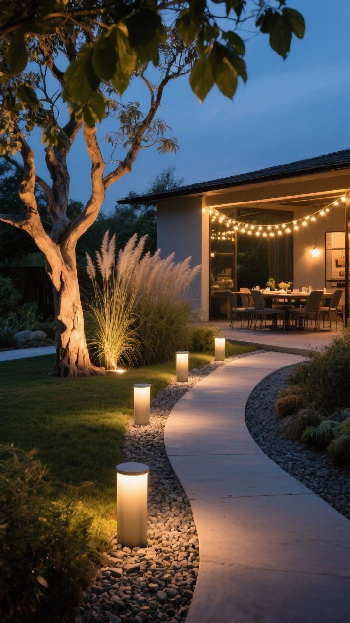 Twilight medium shot layering outdoor lighting: staggered warm-white (2700–3000K) path lights along a curving gravel walkway (not a runway line), uplights grazing a sculptural tree and tall ornamental grasses, and soft bistro string lights draped over a dining nook; the scene glows with cozy warmth, avoiding blue-tinted light; reflections on leaves and subtle shadows add drama; no people, photorealistic.