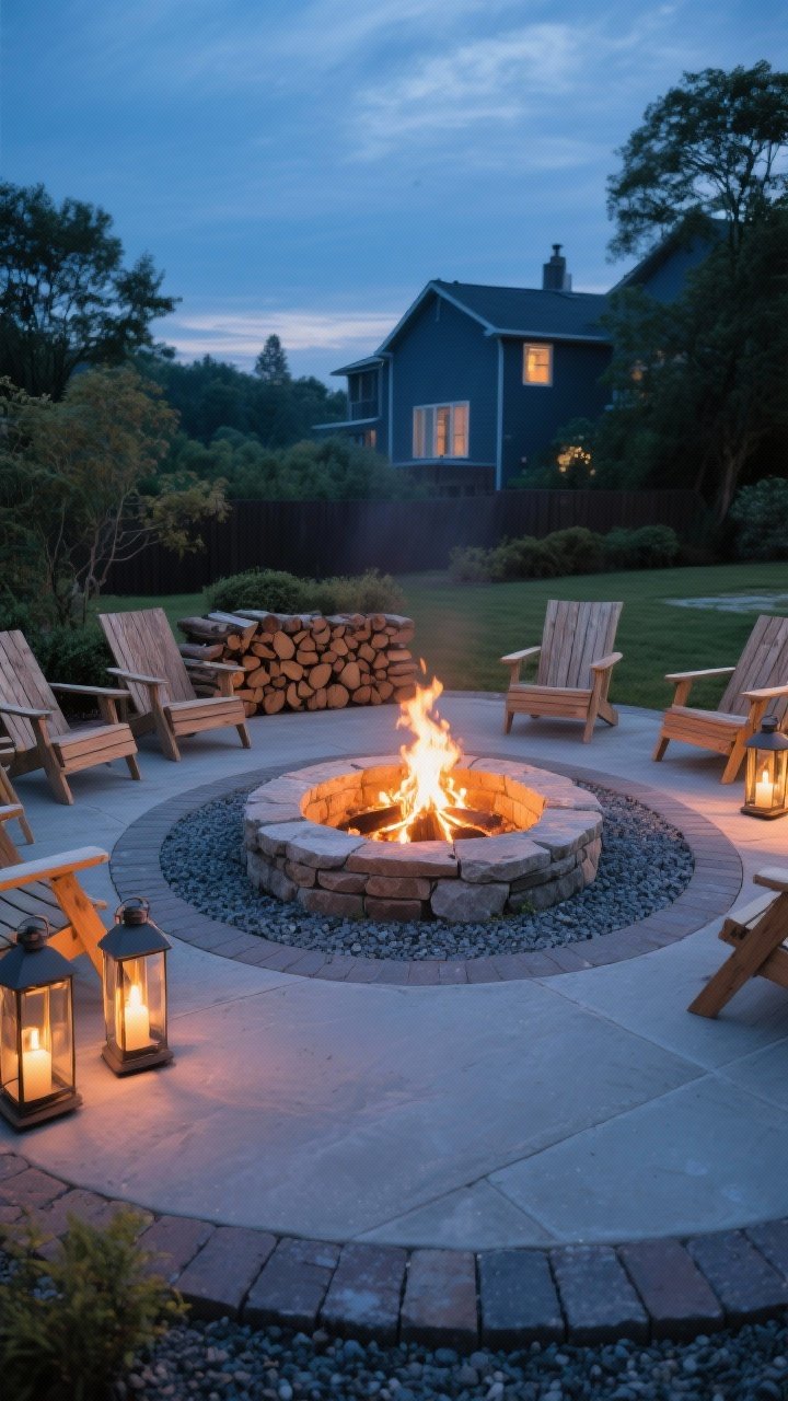 Twilight medium shot of a weekend-project fire feature: a DIY circular stone fire ring centered on a gravel patio with paver border; 6–7 feet of clear space around the pit for low wooden lounge chairs; non-combustible surfaces throughout; lanterns and a tidy stacked wood rack accent the scene; warm flame glow contrasting with cool evening blue; local-code-friendly vibe; no people.