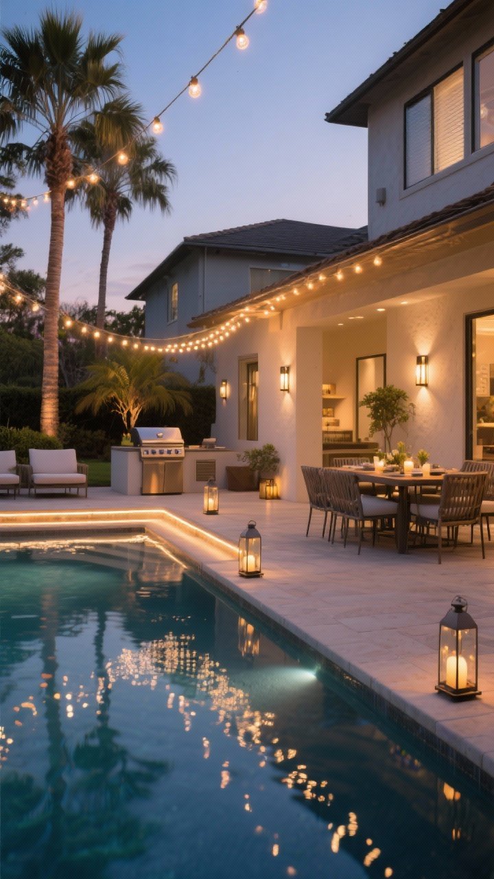 Twilight wide shot: Layered lighting around a pool and patio—warm string lights zigzag above the seating area, dimmable wall sconces along the house, task lighting with downlights at the grill and lanterns on a dining table, subtle LED strip lights under patio steps, uplights grazing palm trees, and a softly lit water feature; mood set to a cozy glow with smart-dimmer ambiance, reflections shimmering on the pool surface.