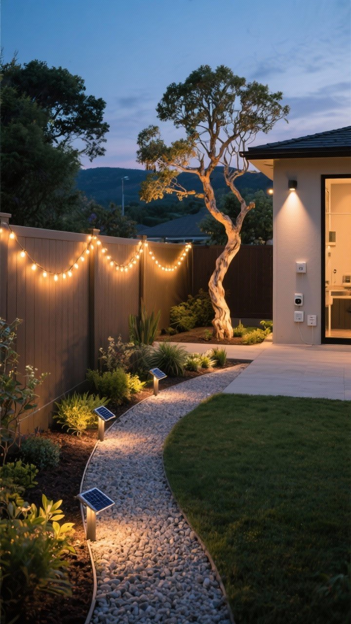 Twilight wide shot of a backyard with layered lighting: warm 2700K string lights draped along a fence, solar path lights defining a curving gravel walkway, and a discreet spotlight uplighting a sculptural tree. Cozy glow across planting beds, subtle shadows, timers/dusk sensor equipment discreetly visible near an outlet. Inviting evening atmosphere, no people.