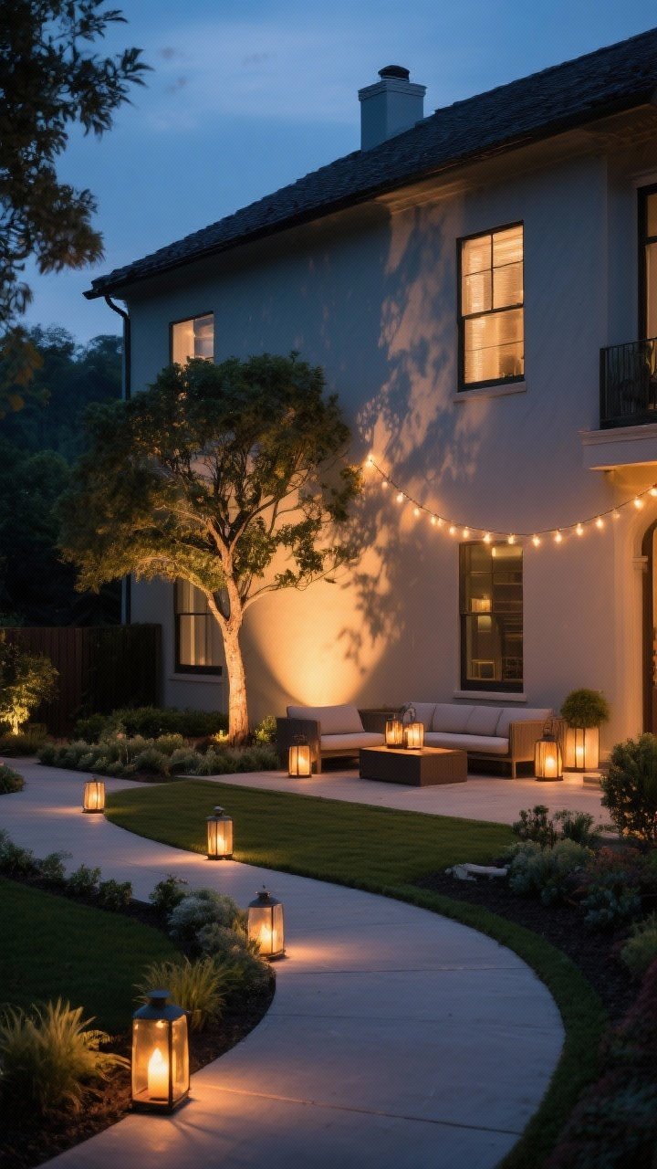 Twilight wide shot of a landscaped front yard with layered outdoor lighting: soft path lights guiding a curved walkway, a warm uplight (3000K) focused on a single hero tree creating dramatic shadows on the facade, and string lights draped over a small seating zone with lanterns for ambient warmth; dim, cozy boutique-hotel mood, no harsh glare; timers and dimmer feel implied; clean planting beds visible in low light; no people.