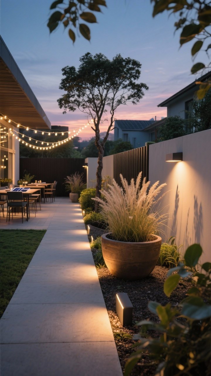 Twilight wide shot of a modern garden lit like a gallery: low-profile path lights lining a clean walkway, warm 2700–3000K glow; uplights aimed at a statement pot, ornamental grasses, and a small tree casting dramatic shadows on a fence; warm white cafe string lights draped over an outdoor dining area; solar fixtures subtly integrated; lights on via smart timer at sunset; moody, cozy atmosphere with rich contrast and crisp reflections on leaves.