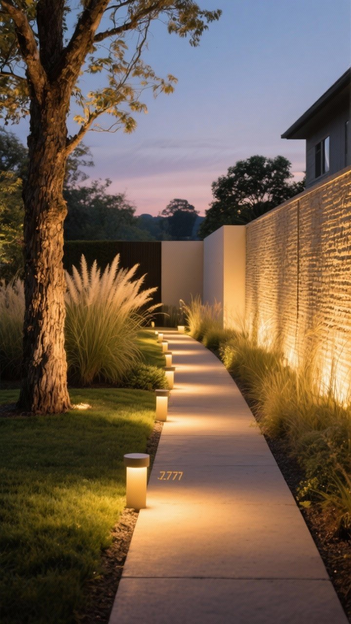 Twilight wide shot of landscape lighting design: a garden path with staggered warm 2700K path lights (not a straight runway), gentle uplights grazing the bark of a specimen tree and the plumes of tall grasses, and a soft wall-wash illuminating a textured fence; subtle shadows, no glare, cozy golden ambiance, layered lighting hierarchy leading the eye through the scene, no people.