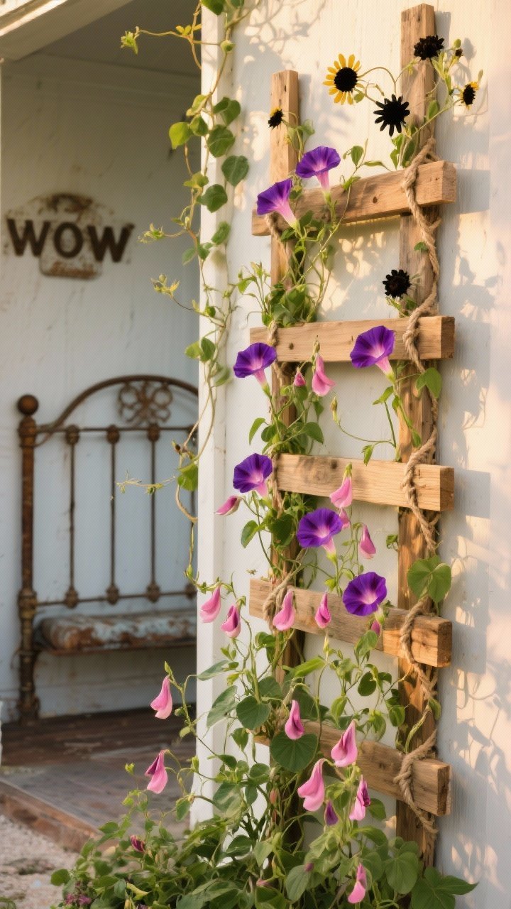 Vertical gardening focus, medium shot: a DIY trellis made of 1x2 lumber and garden twine supports purple morning glories and pink sweet peas climbing upward. In the background, an upcycled vintage metal headboard repurposed as a second trellis with black-eyed Susan vine. Compose to subtly frame a garden doorway, creating a “wow” moment. Late afternoon golden light raking across vines, straight-on perspective.