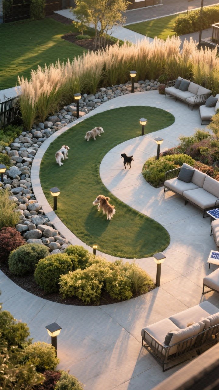 Wide aerial-style shot: a curved zoomie loop guiding a dog run around seating areas, with soft, flowing bends that prevent straight-line speed; layered planting heights—low shrubs in front and tall ornamental grasses behind—create strategic sight breaks; a buffer bed of river rocks separates the run from a lounge zone; solar path lights evenly spaced for night safety; late afternoon glow adds drama.
