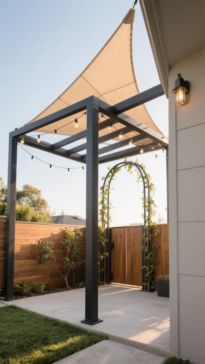 Wide angle upward-perspective shot emphasizing added height: a compact 8x8 pergola framing the small yard with string lights attached, a triangular shade sail stretched for a breezy modern look, and a slender metal arch at the entry draped with young vines. Materials in charcoal metal and warm wood; soft late-afternoon light; privacy subtly improved without heavy fencing; minimal floor footprint visible; no people.