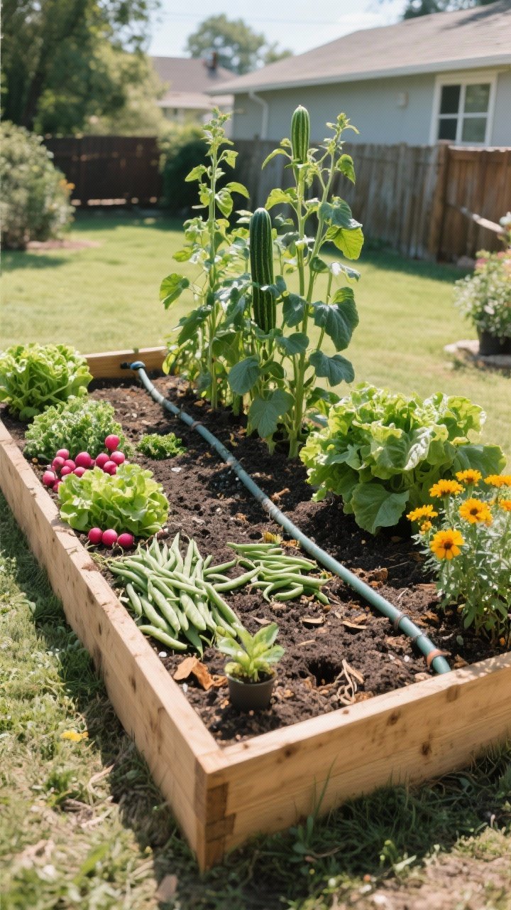 Wide backyard view of a neat raised bed (4x8) framed in untreated wood, filled with a mix of topsoil, compost, and potting mix; tall plants (zucchini) on the north side, with rows of lettuce, radishes, bush beans, and marigolds as companion plants; a simple soaker hose snaked through the bed; bright midday light for clarity; straight-on composition showing tidy layout and easy reach from all sides