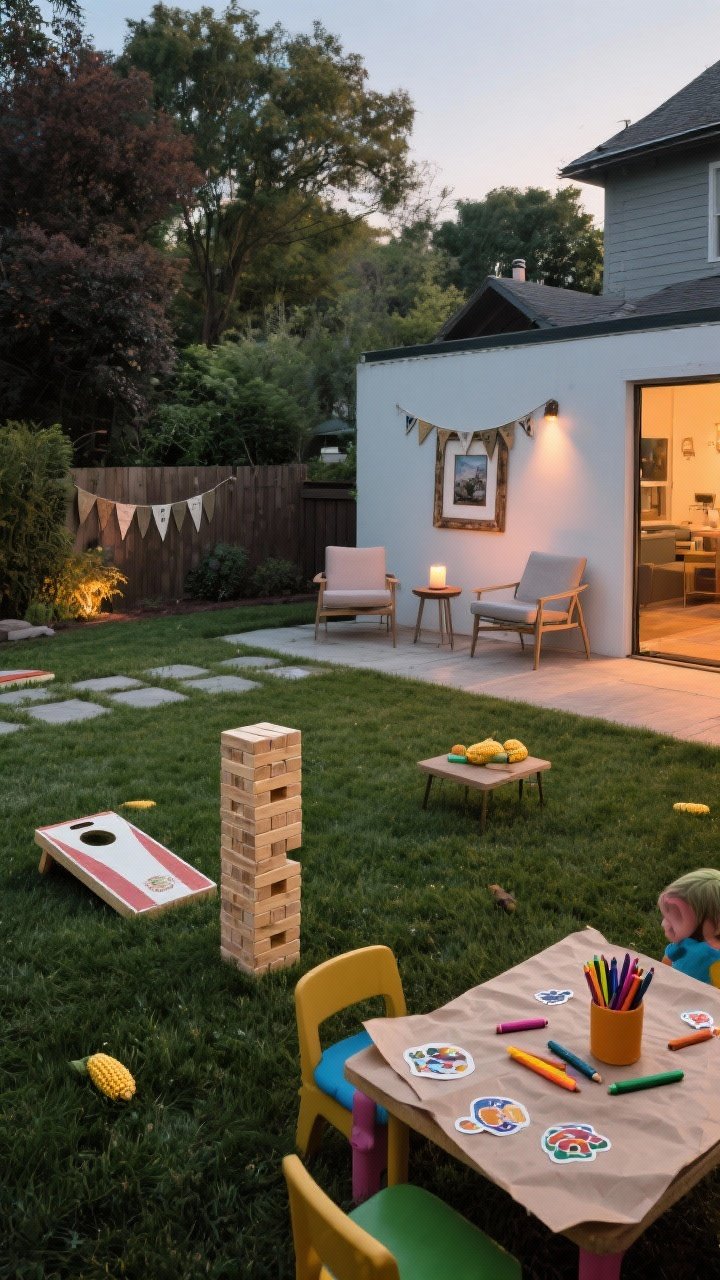 Wide backyard view showcasing micro-zones: lawn games (cornhole board and stacked giant Jenga) on the grass, a quiet corner with two chairs, a tiny side table, and a single candle, a simple photo nook with a banner and thrifted empty frame, and a kids’ table with butcher paper, crayons, and sticker sheets; zones are staggered for flow, with warm evening lighting linking the spaces.