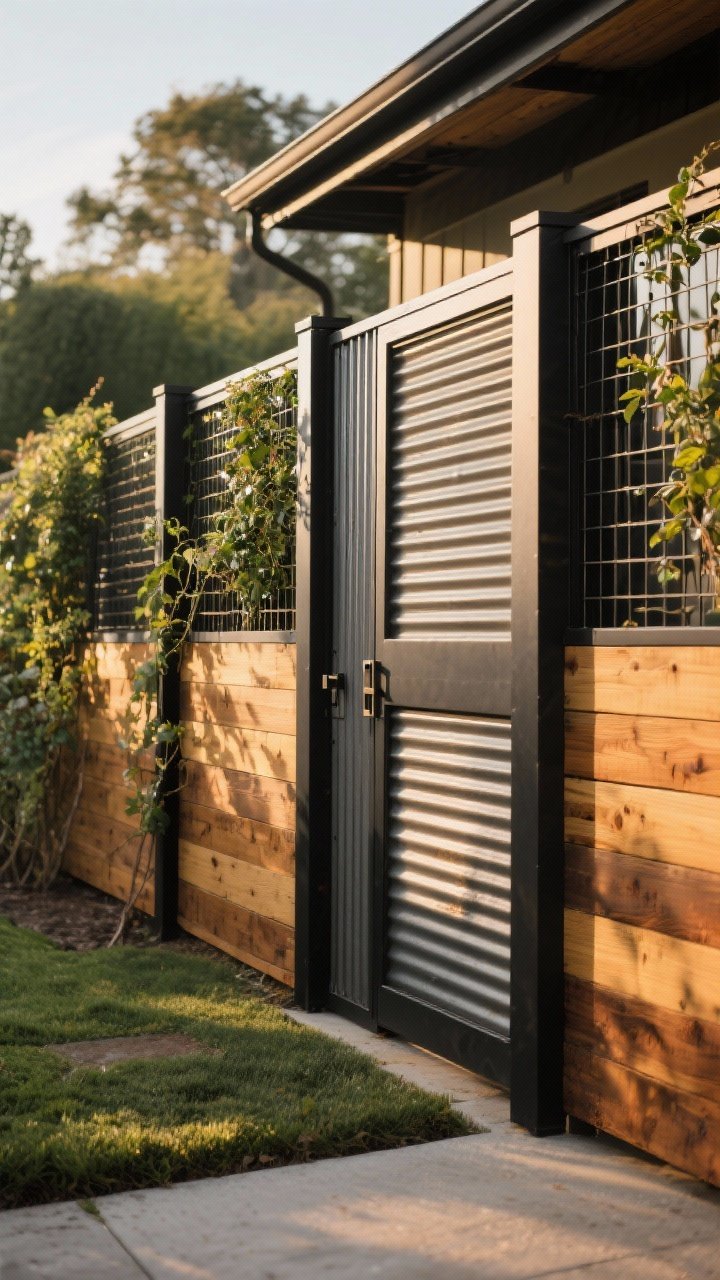 Wide corner-angle shot of a mixed-material fence: warm cedar plank panels set within black powder-coated aluminum frames; alternating sections include steel mesh for airflow and to support climbing plants; a corrugated metal accent panel adds modern farmhouse contrast; include a discreet hinged panel concealing storage; golden-hour light with crisp shadows; sealant on wood and rust-resistant metal specified by clean, matte finishes.