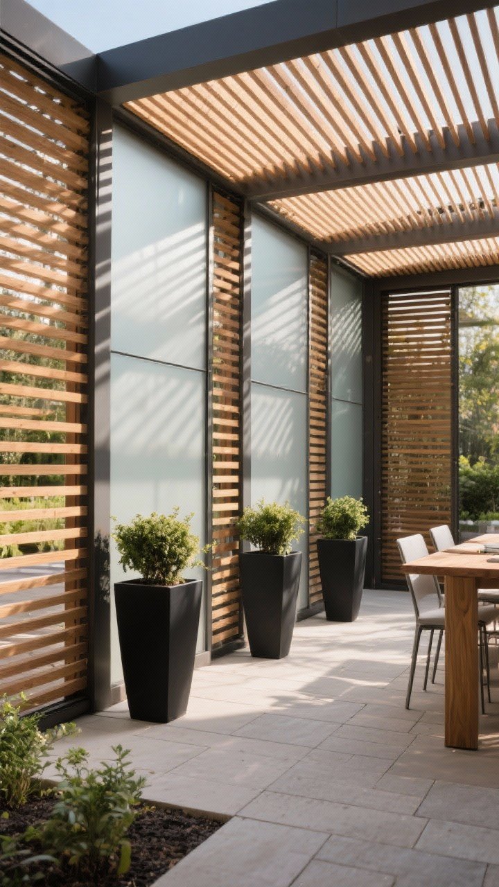 Wide corner-angle view of outdoor rooms defined by modern elements: horizontal cedar slat screens providing airy privacy, paired with powder-coated aluminum panels; three tall, identical matte-black planters lined up to mark a dining zone boundary; repeated materials for cohesion; neutral paving and subtle plantings; late afternoon natural light casting linear shadows through slats; boutique-hotel vibe, no people; photorealistic.