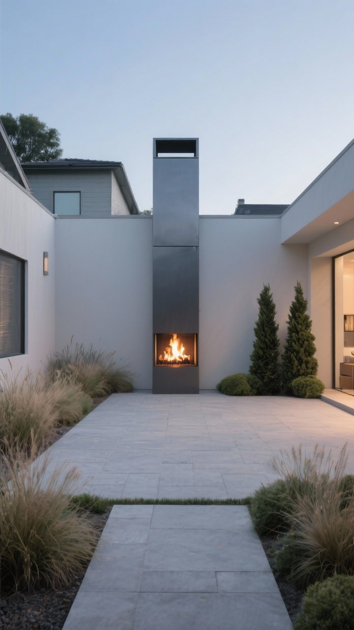 Wide courtyard with one hero feature: a sleek modern outdoor fireplace as the dramatic vertical focal point, surrounded by neutral hardscape (light gray concrete pavers) and simple, restrained planting (low grasses and clipped evergreens); muted color palette, minimal decor; calm evening glow from the fire; background elements intentionally quiet to let the hero shine; photorealistic.