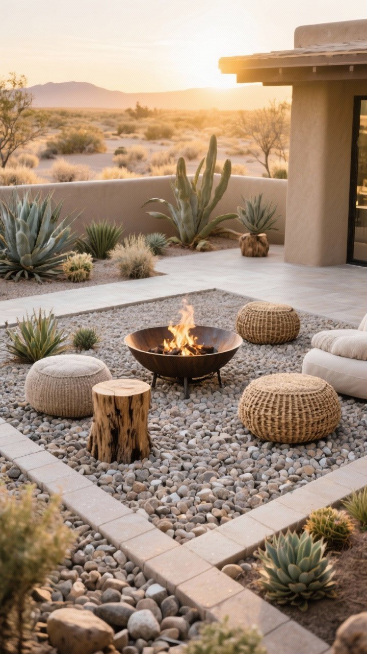 Wide desert-chic gravel patio at golden hour with a steel fire ring centered on 3/8” angular crushed stone, xeriscape plantings of agaves and succulents for textural contrast, steel or paver edging keeping rocks contained, stump stools and woven poufs clustered as organic seating, landscape fabric implied by weed-free surface, low-maintenance vibe, photorealistic.