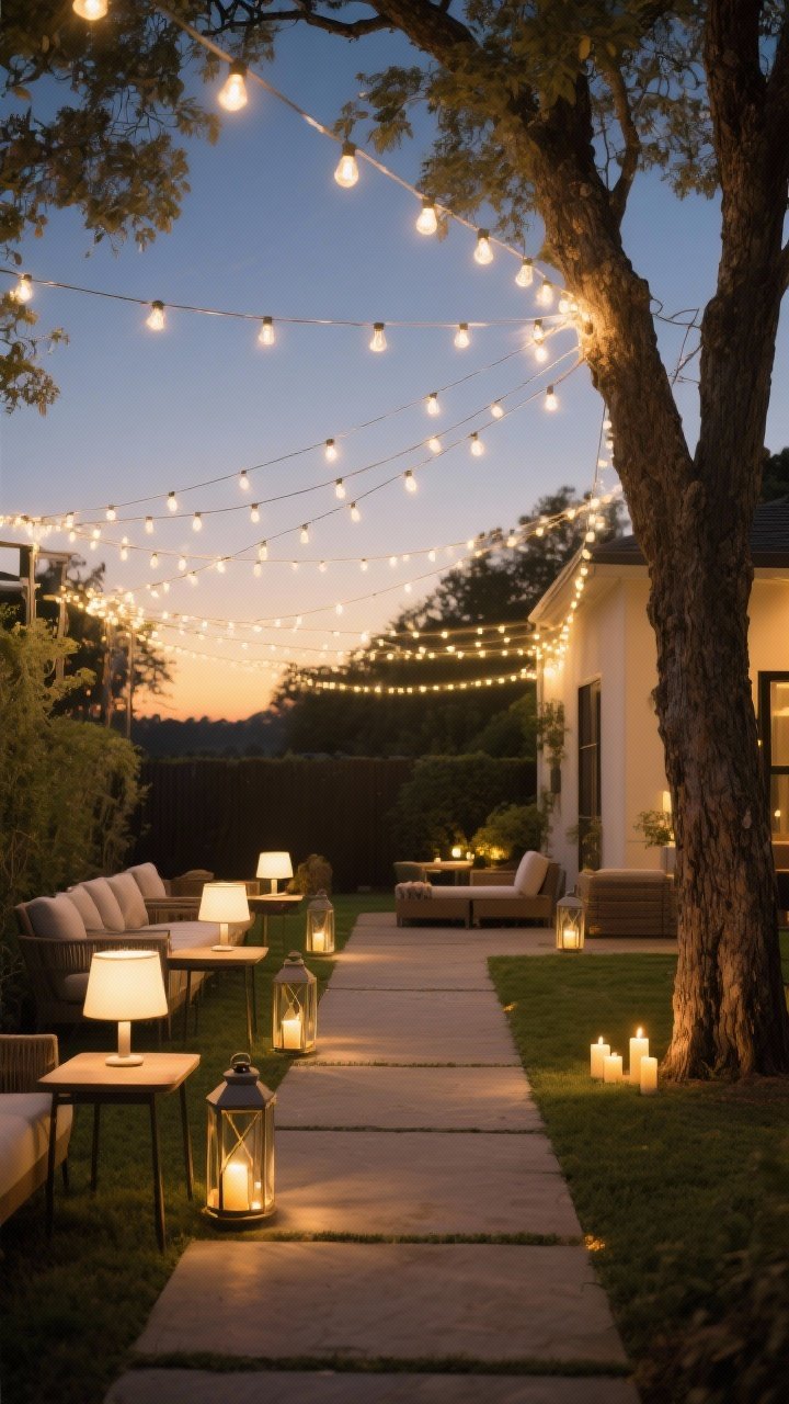 Wide dusk backyard lighting composition: multiple strands of warm white (2700–3000K) café string lights crisscrossed overhead for a canopy effect, rechargeable table lamps on side tables for task lighting, lanterns placed near seating, soft path lights along a walkway, subtle uplights grazing tree trunks, and a few LED candles for flicker; golden-hour to early night ambiance, straight-on view, photorealistic.