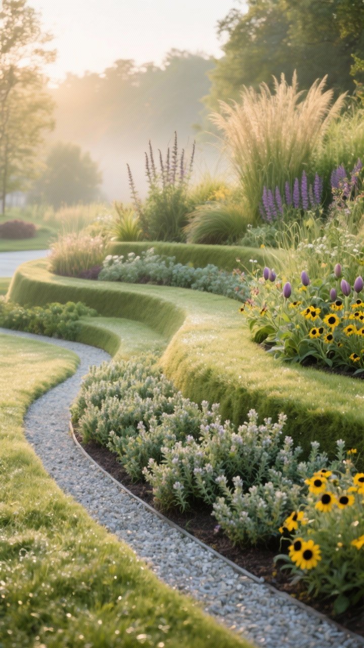 Wide, early morning garden scene of a multi-level micro meadow with gently tiered 6–12 inch berms shaped like soft waves; front tier planted with creeping thyme and sedum, mid tier with black-eyed Susans and yarrow, back tier with liatris and ornamental grasses; spring bulbs subtly peeking among summer perennials; a neatly mowed crisp edge along a curved gravel path for a clean border; dewy textures, lush pollinator-friendly look, naturalistic curves, soft golden light, no people, photorealistic.