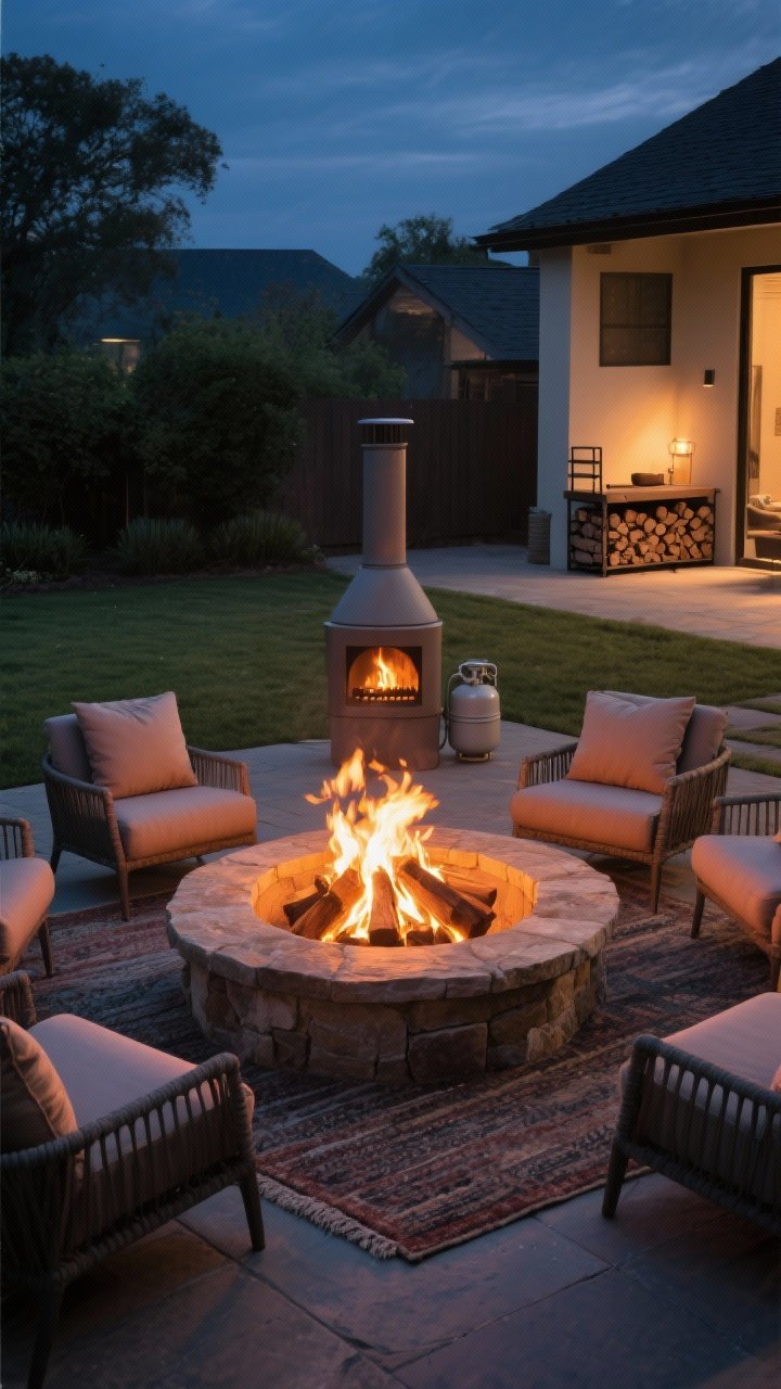 Wide evening backyard scene centered on a dramatic fire feature: a classic circular stone wood-burning fire pit with visible crackling flames, surrounded by deep, comfortable lounge chairs with thick cushions, a heat-resistant outdoor rug defining the zone, a compact chiminea in the background, and a neat firewood rack and concealed propane hideaway nearby; warm firelight glow, subtle night sky, no people, photorealistic, straight-on angle.