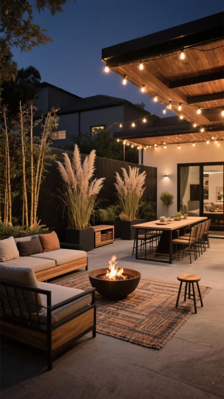 Wide evening patio showing multiple outdoor “rooms” without walls: a cozy lounge corner anchored by an outdoor rug under low seating, a dining zone with a rectangular table, and a small fire pit nook; tall planters with bamboo and ornamental grasses act as soft privacy screens; warm string lights overhead form a “ceiling” across zones; repeated materials (warm wood tones and black metal frames) for cohesion; include a storage bench and a couple of movable stools; moody ambient lighting, viewed from a corner angle, no people.