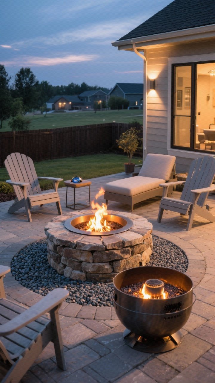 Wide evening shot of a budget fire feature focal point: a stacked stone ring with a metal insert on a defined pea gravel and paver surround, flanked by a modern steel ring option nearby; propane fire bowl on a patio corner for renters; set at least 10 feet from structures; arranged with Adirondack and low lounge chairs plus a small side table; warm firelight glow balanced with twilight ambient light; corner angle capturing the zone.