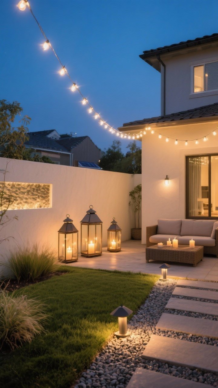 Wide evening shot of a small yard glowing like a boutique hotel: warm white string lights (2700–3000K) zigzag overhead, solar path lights lining a gravel walkway, discreet up-lights washing an ornamental grass and small feature wall, and a trio of lanterns clustered in three sizes by the lounge. Cozy, candlelit glow, no harsh blue light, balanced composition, photorealistic, no people.