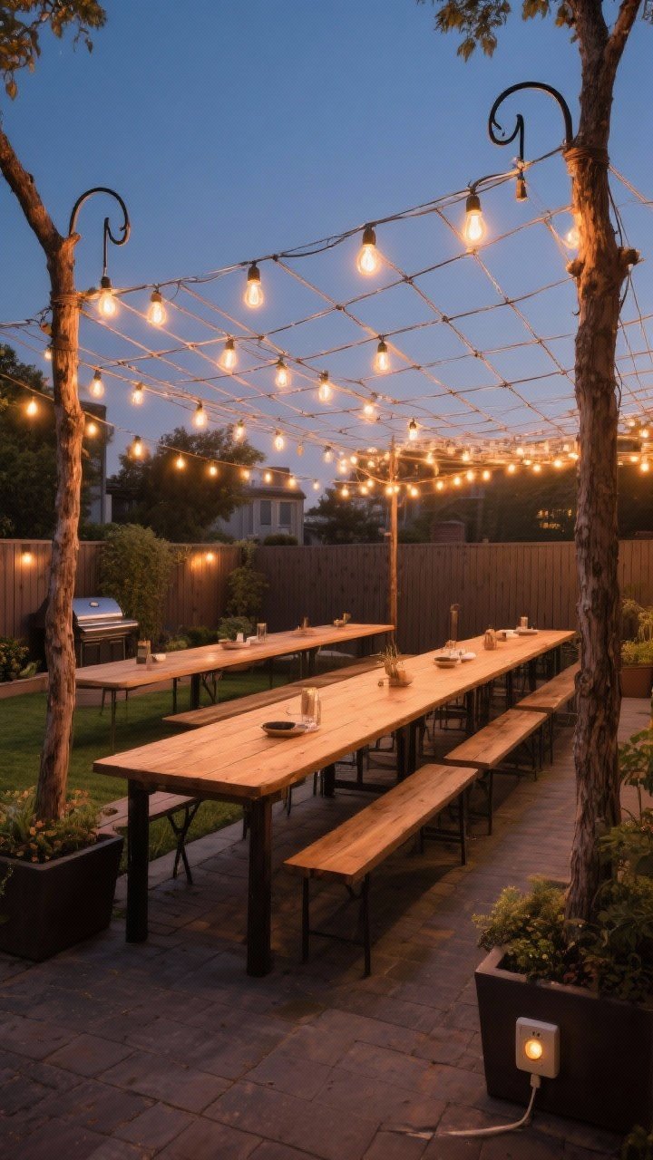 Wide evening shot of dining under a canopy of lights: backyard long tables beneath a grid of warm cafe bulb string lights crisscrossed overhead; shepherd’s hooks and tree trunks used as anchors with 10’ poles set in planters at corners; a plug-in dimmer set to a gentle amber glow; simple wood tables with minimal decor to emphasize the European-courtyard mood; fence and grill subtly in background but softened by light; photorealistic, corner angle capturing depth and symmetry.