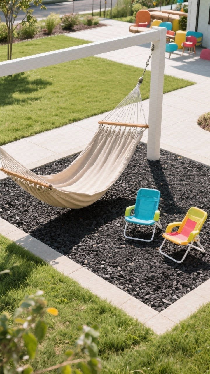 Wide family-friendly zone: A gathered-end hammock in UV-stable, quick-dry polyester (Sunbrella-like) in a mid-tone neutral, hung low over rubber mulch and bordered by thick grass—no gravel. No wood spreader bars. Nearby, two colorful kid-sized sling chairs create separate hangout spots. Clear sightlines, bright daylight. A playful but tidy layout with safety-first spacing. No people, photorealistic.