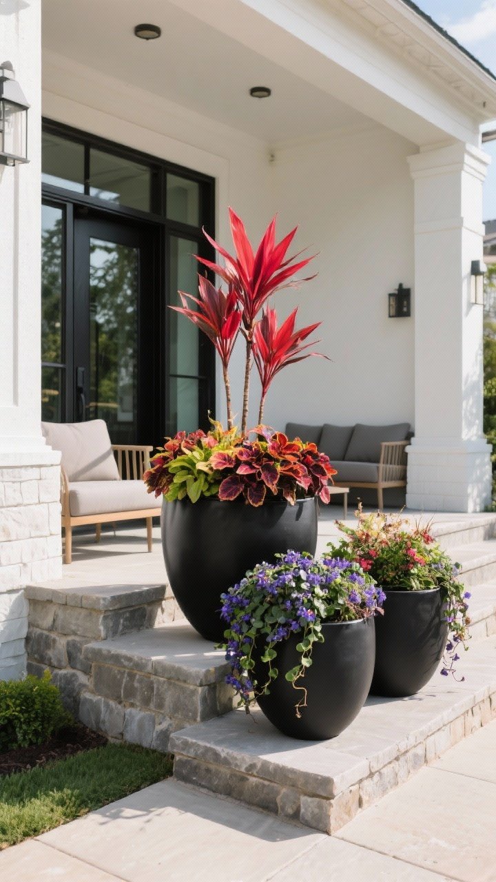 Wide front-entrance exterior with oversized statement planters arranged as a trio near a seating zone: matte black large planters in three sizes; each planter using thriller-filler-spiller—tall red dracaena center, vibrant coleus and begonias as fillers, and cascading sweet potato vine and trailing lobelia spilling over the edges; second matched pair flanking steps; cohesive color palette of black planters and stone steps; bright, even daylight; corner-angle perspective to show scale and curb appeal.
