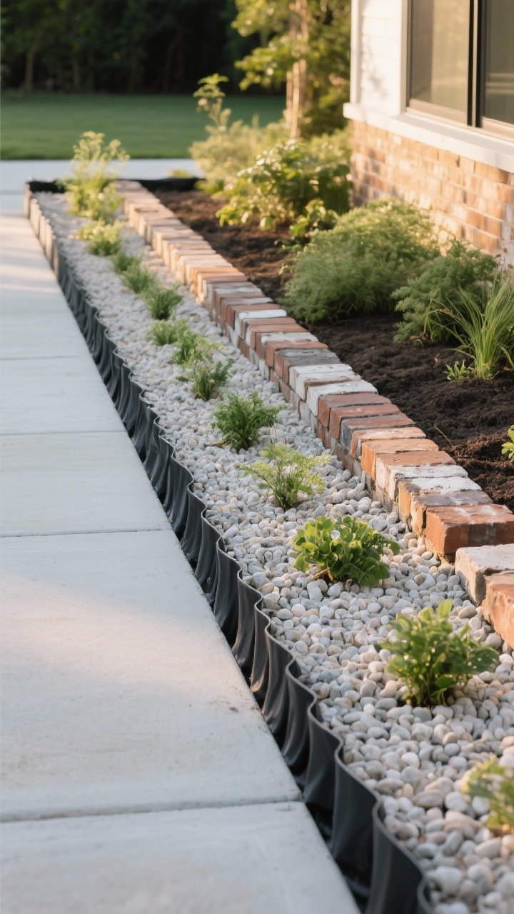 Wide garden bed scene showcasing bold edging: a clean, crisp 4–6" gravel trench border lined with landscape fabric and filled with pale pea gravel; adjacent bed edged with flush black plastic bender board creating a slim shadow line, plus a short run of salvaged bricks set vertically in mixed tones; weed-free, perfectly straight edges framing simple green plantings; warm late afternoon natural light; photorealistic, straight-on angle emphasizing intentional, upscale lines.