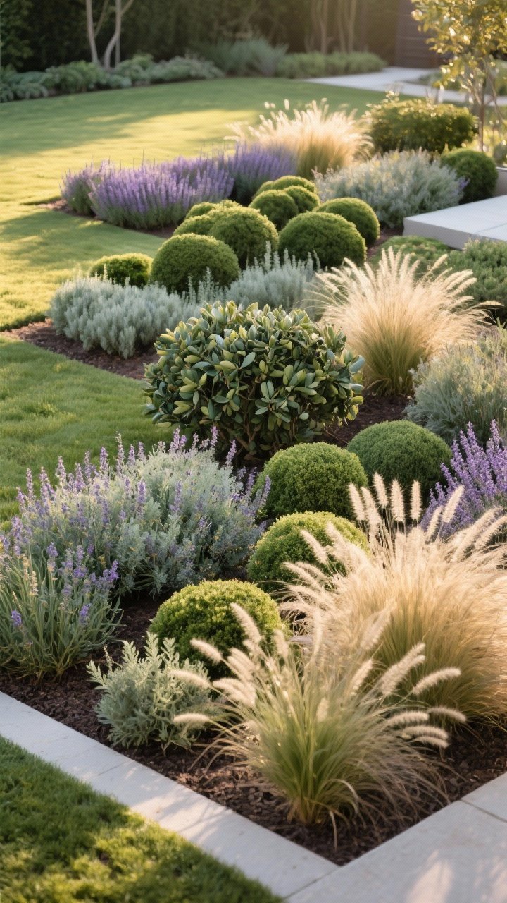 Wide garden bed shot: Low-maintenance planting palette in cohesive clusters—evergreen structure with dwarf olive and boxwood shapes, soft fillers like lavender, rosemary, and catmint swaying, and statement grasses such as feather reed grass for texture; grouped in repeating odd-number patterns across the yard; golden-hour light catching seed heads, minimal mulch, photorealistic.