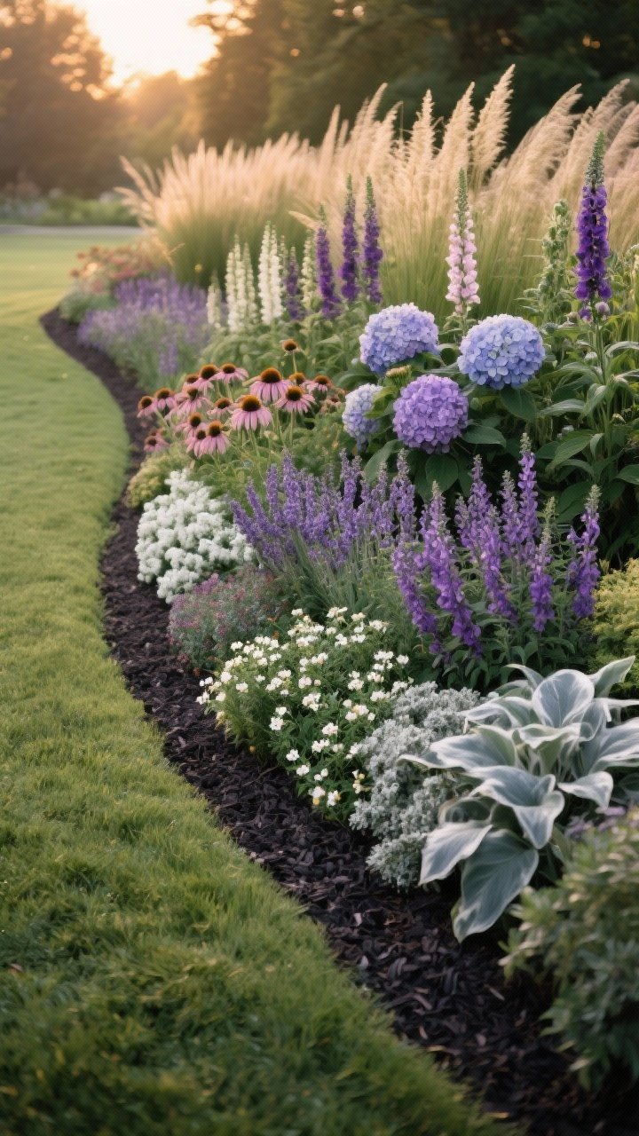 Wide garden border at golden hour showing a lush, layered planting bed curving along a lawn; back row of tall ornamental grasses, hydrangeas, and foxglove; middle row of salvia, coneflower, and lavender; front row edged with creeping thyme, sweet alyssum, and hosta; cohesive palette of purples, whites, and silvery greens; fresh dark mulch visible between plants; soft, natural evening light highlighting textures; no people, photorealistic, slightly elevated corner angle to emphasize depth and the curved edge.