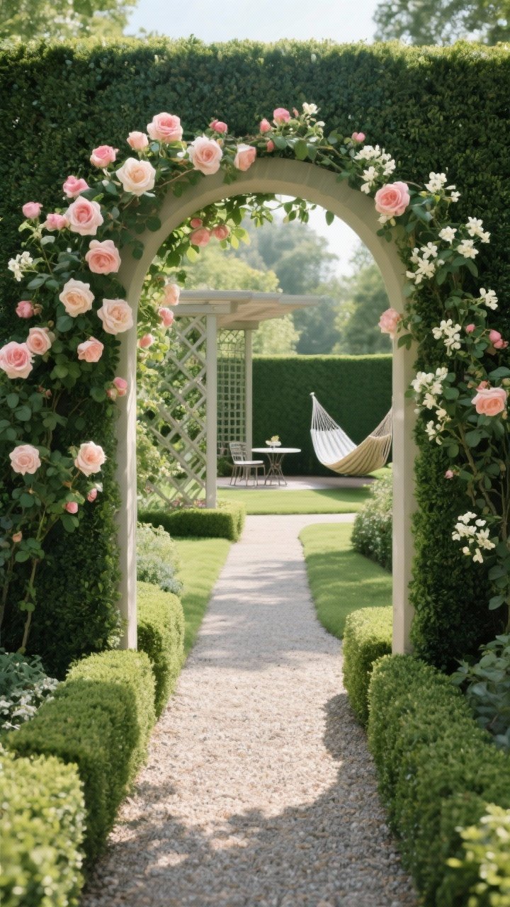 Wide garden “rooms” scene with paths and arches: a 36-inch-wide gravel path leading through a green-walled hedge of boxwood into an arched arbor draped with blooming climbing roses and jasmine; beyond, a small destination spot with a bistro set and a shaded hammock nook hinted at through a trellis; layered views create entrance, reveal, and wow moment; soft afternoon light with dappled shade; eye-level perspective drawing the viewer along the path.