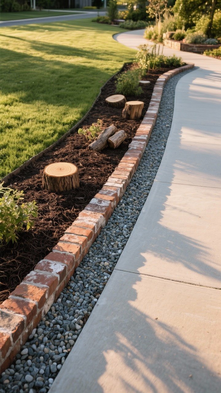 Wide, ground-level garden scene showcasing crisp bed edging options: a foreground run of reclaimed bricks laid on a 45° diagonal, transitioning to a neat shovel-cut trench edge, and a narrow 4–6 inch pea gravel ribbon holding mulch tidy along a path. Include a small area edged with rustic log slices for variety. Early evening light with long shadows, overhead-to-oblique angle emphasizing the clean, structured borders against mulched beds and lawn.