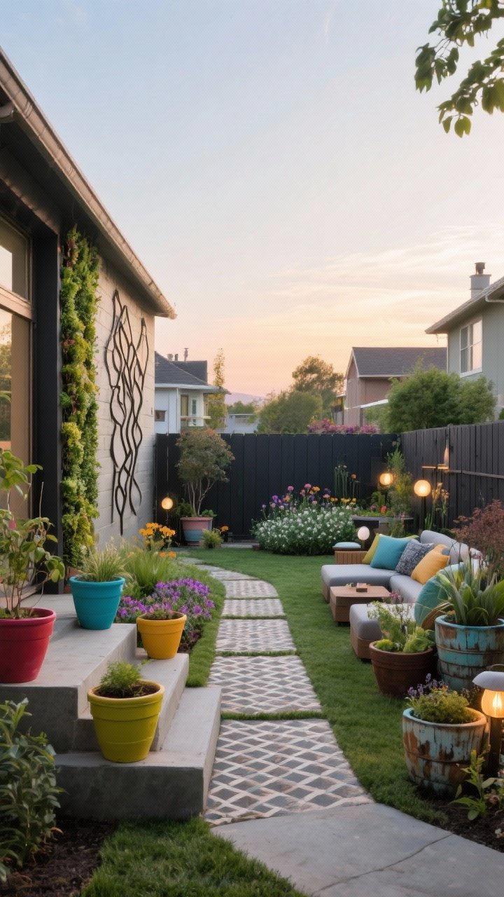 Wide, inviting backyard overview as a concluding hero shot, straight-on with gentle sunrise light. A cohesive scene blending earlier ideas without people: color-dipped pots by the steps, a distinctive patterned path guiding the eye, a vertical garden wall, sculptural trellises, a matte dark peekaboo fence, a pollinator bed, multiple seating nooks, upcycled planters, and discreet layered lighting fixtures ready for night. The mood communicates personality, playfulness, and a curated, lived-in yard.