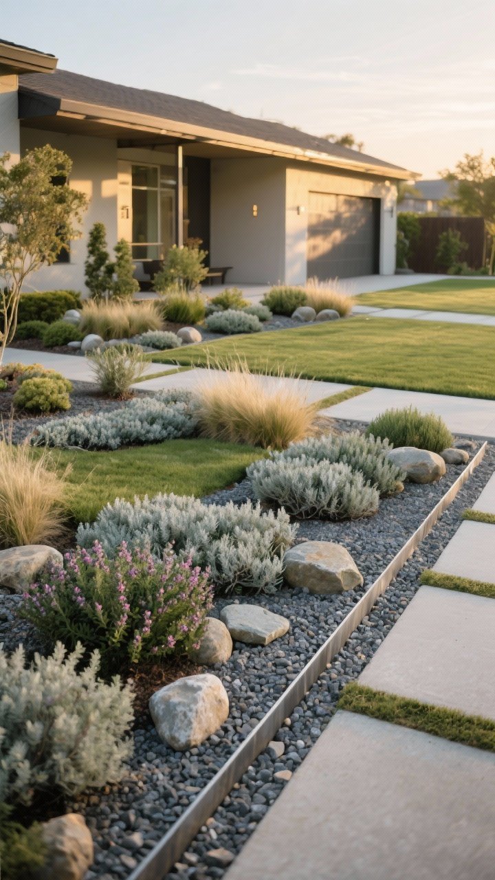 Wide landscape shot at golden hour of a front yard transformed into a chic patchwork: drifts of native groundcovers (creeping thyme, buffalo grass, low juniper) interlaced with crushed granite, smooth river rock bands, and chunky flagstone stepping paths; crisp steel edging and paver borders keep gravel contained; plants grouped in drifts of 3–7 for a cohesive, modern layered look; no lawn, clean lines, muted greens and silvery foliage, photorealistic, straight-on eye level.