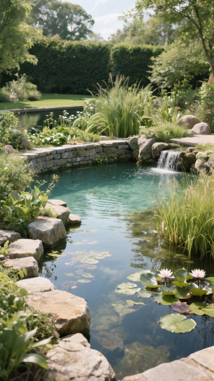 Wide landscape shot of a natural swimming pond oasis: swimming zone separated from a regeneration zone by a low stone wall and river rocks, lush aquatic plants including water lilies and marginal grasses, flagstone edges, a small rock waterfall adding oxygenation, clear reflective water, soft dappled sunlight, rustic eco-friendly mood, photorealistic, no people.