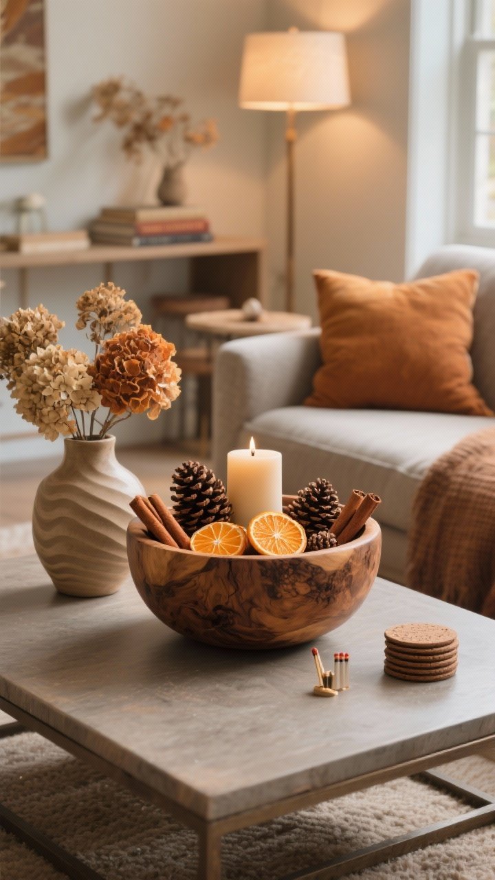 Wide living room shot centered on one bold, cozy statement piece on the coffee table: a chunky wood bowl filled with pinecones, cinnamon sticks, and dried orange slices as the focal point. Two supporting accents only—perhaps a slim match striker and a small stack of coasters—keeping 30–40% of the table clear. Alternative focal options visible in styling cues (low, wide vase with dried hydrangeas or an oversized sculptural ripple candle), but only one star in frame. Ensure sightlines stay under 8–10 inches. Echo the focal color subtly in a nearby throw pillow or book spine. Warm ambient lighting, cohesive fall palette, photorealistic, no people.