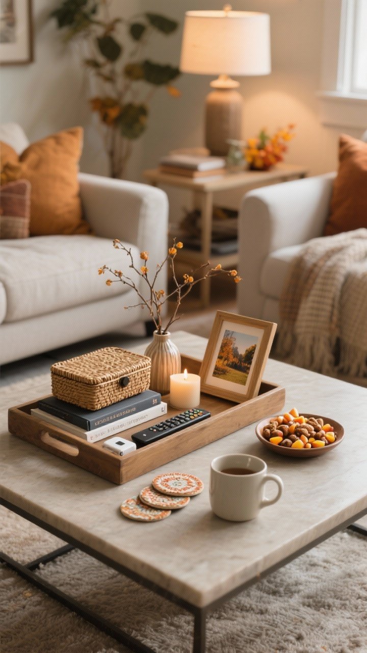 Wide living-room shot showing a functional fall vignette on a coffee table: an anchored tray that corrals items, including a small lidded box or woven basket for remotes and chargers, a stack of two books topped with a candle and a tiny vase of branches, a pretty coaster set, and a small dish for nuts or candy corn. Include a personal touch like a framed photo or postcard leaning on the tray. Ensure clear negative space so a mug can be set down without clutter—scale appropriate to table size. Warm, cozy ambient lighting with practical clarity. Photorealistic, no people.