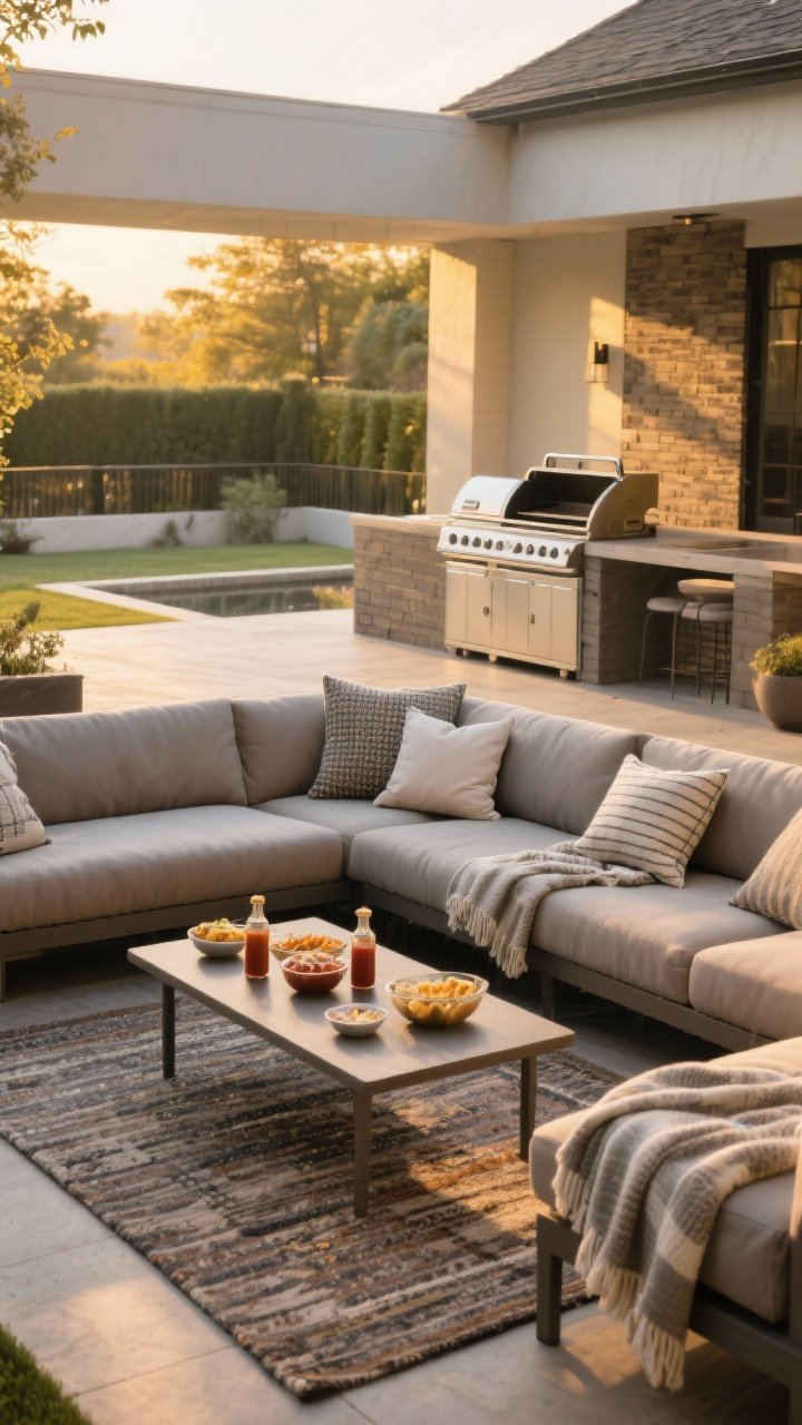 Wide lounge scene facing a grill station from 7 feet away: an L-shaped seating arrangement with deep outdoor sofas, low tables holding sauces and snacks, and an outdoor rug defining the zone. Weatherproof pillows and a folded throw blanket add texture. The grill is visible across a safe buffer, creating a social view line; golden-hour lighting for cozy mood; corner angle; no people.
