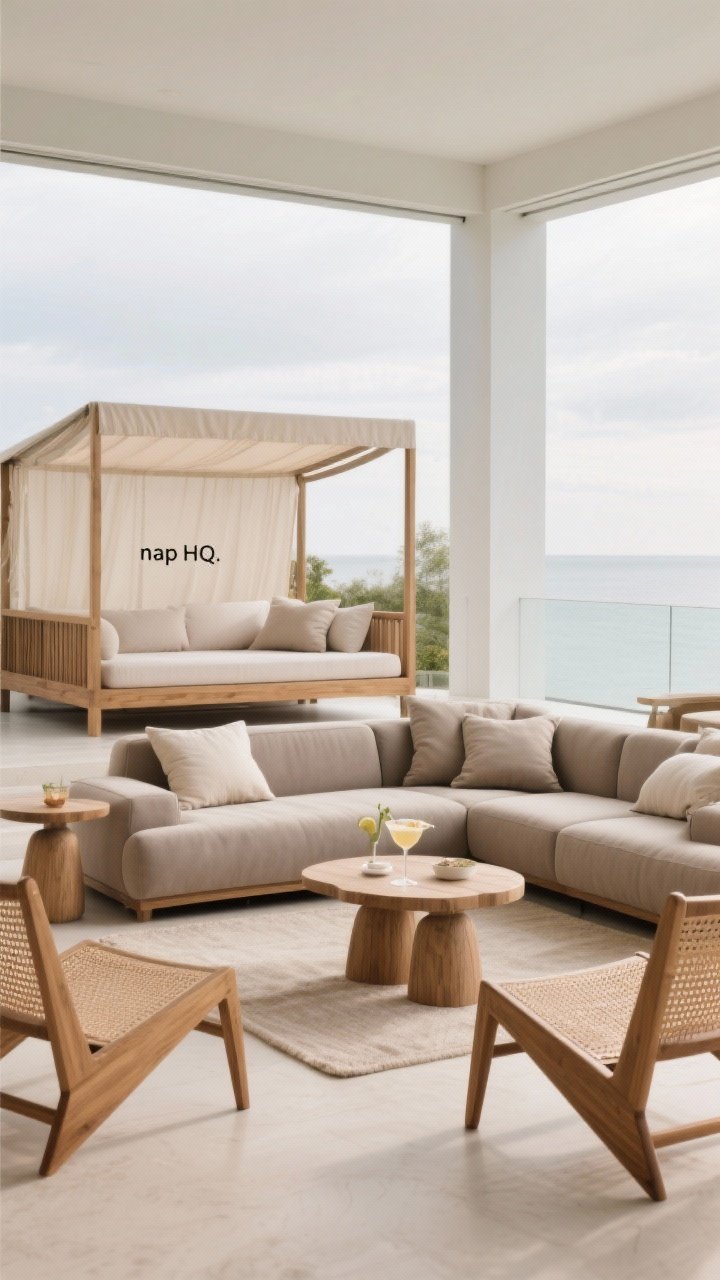 Wide lounge vignette: Deep, low-slung sectional with performance upholstery in soft taupe, paired with two adjustable-back loungers and oversized sink-in cushions. Add a teak daybed with a light canopy as the focal “nap HQ.” Include a pair of rattan or teak accent chairs to keep the composition airy, plus sturdy side tables with weighted bases. Bright overcast lighting for even tones, inviting “order me a mocktail” mood, no people.