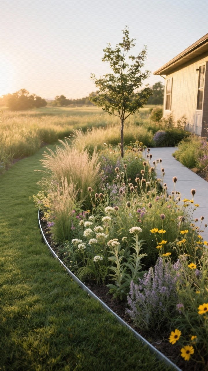 Wide meadow-style side yard at golden hour with a wild-but-tidy look: a loose, airy planting of sneezeweed, cosmos, meadow sage, coreopsis, and ornamental grasses; the area crisply framed by a mowed lawn edge and thin steel edging so it reads intentional; a small structural tree (serviceberry) provides a visual backbone; clean path skirting one side for access; seedheads left on some stems; calm, breezy mood captured from an elevated corner angle, no people.