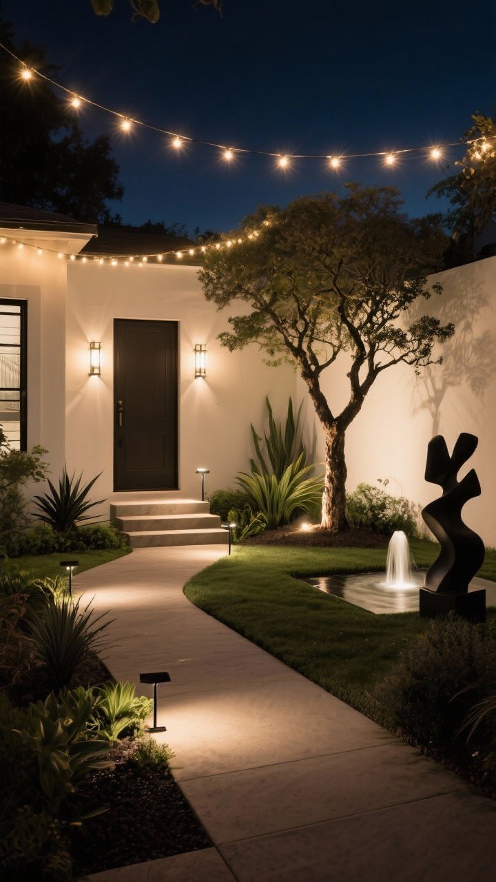 Wide night garden scene showcasing layered lighting, straight-on. Ambient string lights draped overhead for a warm glow; task lighting with wall sconces near a door and discrete stake lights marking steps; accent uplights washing a specimen tree and spotlighting a small water feature and sculptural plant. Plants read as silhouettes and sculptures; pathway becomes an inviting ribbon. Exposure balanced so lights don’t glare into windows; cinematic yet practical mood.