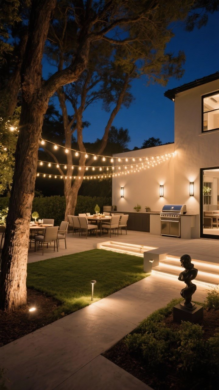 Wide night shot: Boutique-hotel-inspired backyard lighting layered across zones—warm 2700K string lights draped over the dining and lounge areas for ambient glow, sleek sconces near a grill station and steps for task lighting, and low-voltage spotlights grazing the trunks of trees and subtle uplights on a small sculpture. Soft, non-glare path lights lead through the space. Mood is editorial and inviting; corner angle capturing multiple light layers; no harsh brightness.