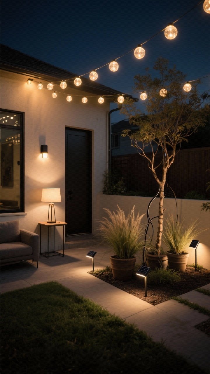 Wide night shot: Layered backyard lighting—ambient globe string lights overhead casting a warm 2700–3000K glow, a small table lamp and wall sconce providing task light near a door, and low accent uplights behind potted grasses and a small tree; concealed cords and a few solar stake lights along a path; the scene reads as a moody, cozy lounge; taken from a corner angle to show all three lighting layers working together.