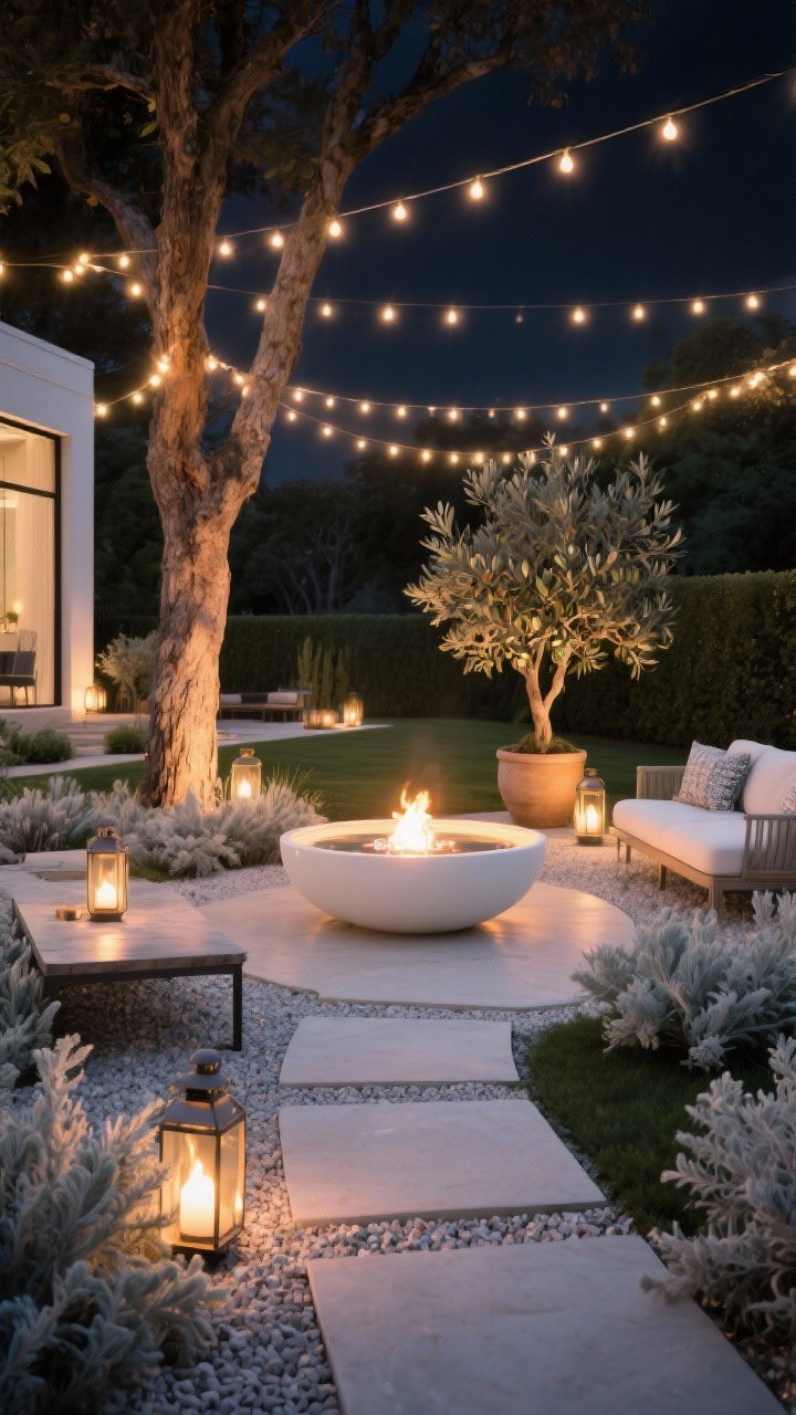 Wide nighttime “glow garden” in lieu of a fire pit: layered lighting with warm 2700–3000K string lights overhead, subtle uplights washing tree trunks, and lanterns placed on low tables; reflective pale gravel paths, light-toned pavers, and silvery plants—artemisia, lamb’s ear, and a potted olive tree—catching and bouncing light; a large white planter or shallow water bowl as a luminous centerpiece; cozy, safe ambiance, no flames, photorealistic.