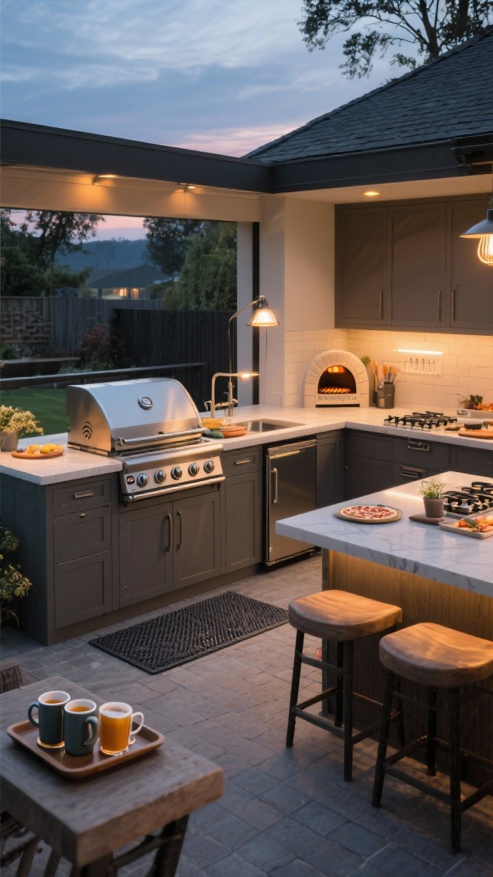 Wide outdoor cooking station: “best” setup with a built-in grill, side burner, generous counter space, closed storage, a compact pizza oven, mini fridge, and bar seating; task lighting over prep zones, a heat lamp warming the prep counter for cold-weather cooking, non-slip outdoor mats underfoot, and a tray with insulated mugs ready for hot cider; twilight ambiance with warm work lights, corner perspective.